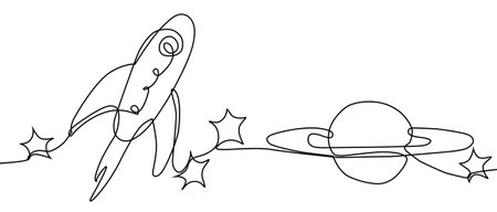 Continuous one single line drawing of rocket, planets and stars on white background.のイラスト素材