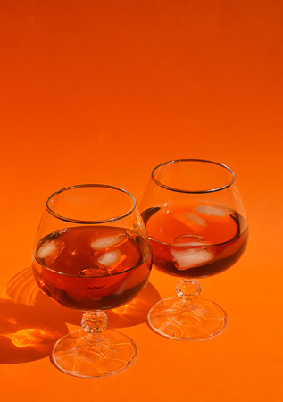 Two glasses of cognac or brandy with ice on orange backgroundの写真素材