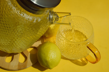 lemon tea in a glass teapot on a yellow backgroundの写真素材