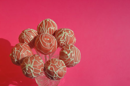 Chocolate candies in a glass vase on a pink backgroundの写真素材