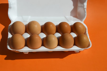 Eggs in a white box on a bright orange background.の写真素材
