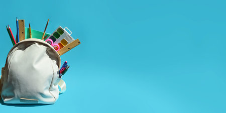 Backpack with school supplies on blue background. Back to school concept.