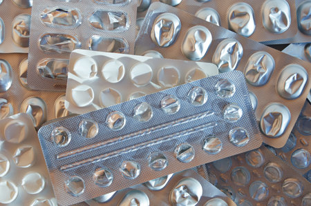 Packaging of birth control pills, tablets and capsules in blister packsの写真素材