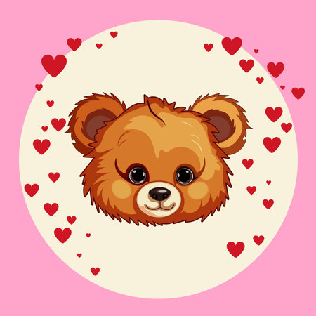 Cute cartoon bear face with hearts on background. Vector illustration.のイラスト素材