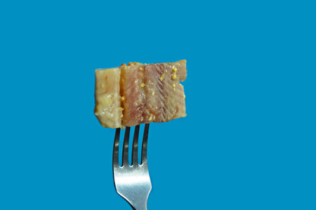 Fork with pieces of meat on a blue background. Copy space.の写真素材