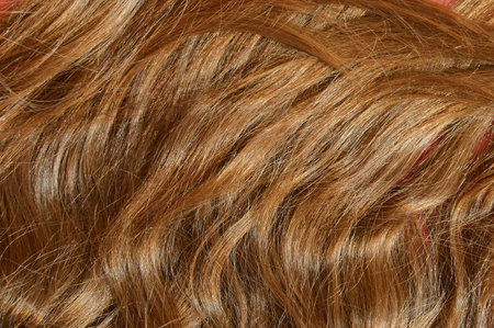 Curly brown hair as a background. Texture close-up.の写真素材