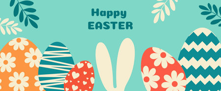 Happy Easter greeting card with eggs and bunny ears. Vector illustration.のイラスト素材