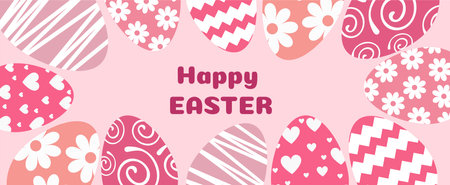 Happy Easter greeting card with cute eggs and flowers. Vector illustration.のイラスト素材