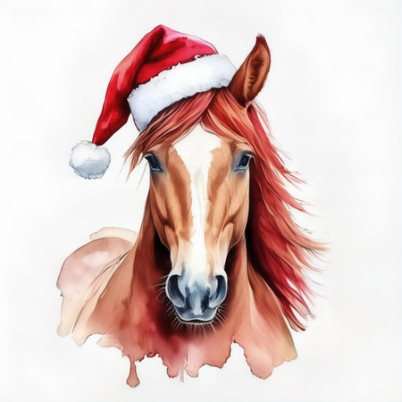 Watercolor portrait of a horse with red hair in a santa hatの素材