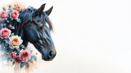 Beautiful black horse with flowers on white background. Digital watercolor painting.の素材