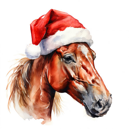 Horse in Santa Claus hat. Watercolor illustration isolated on white backgroundの素材