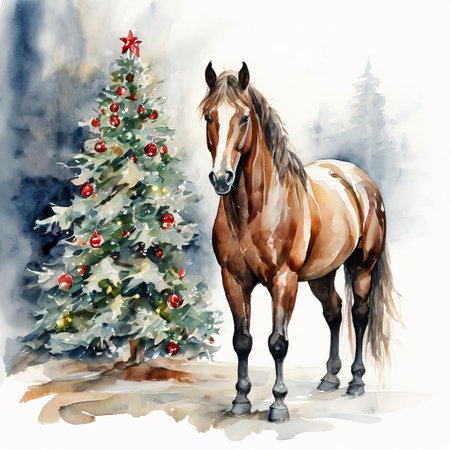 Horse and Christmas tree. Watercolor painting on white background.の素材