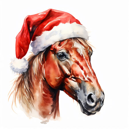 Horse portrait in Santa Claus hat isolated on white background. Watercolor illustrationの素材