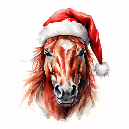 Portrait of a horse in a Santa Claus hat on a white backgroundの素材