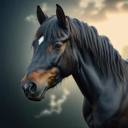 Portrait of a bay stallion on a dark background with cloudsの素材