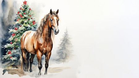 Horse and Christmas tree on a white background. Digital painting.の素材
