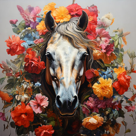 Horse head with colorful flowers on gray background. Digital painting.の素材