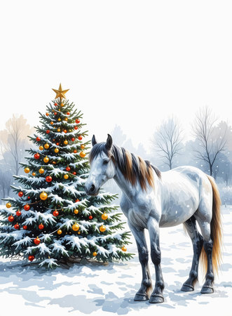 Horse and christmas tree in winter forest. Illustration.の素材