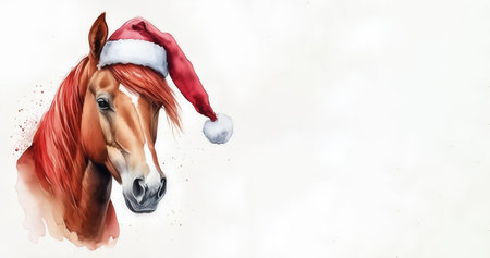 Horse with santa hat on white background. Copy space.の素材
