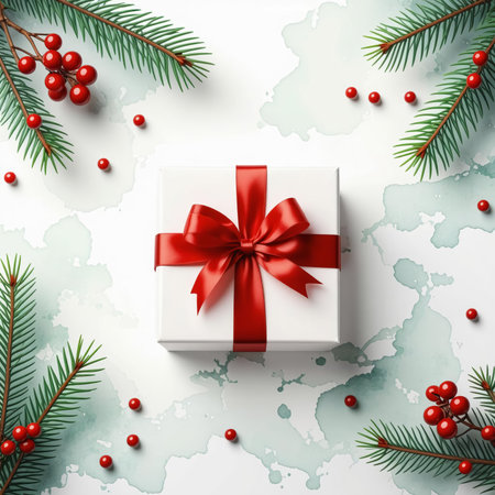 White gift box with red ribbon and fir tree branches on white backgroundの素材
