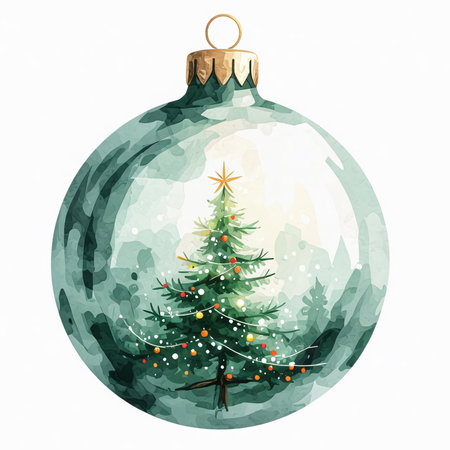 Watercolor Christmas ball with fir tree on white background. Vector illustration.の素材