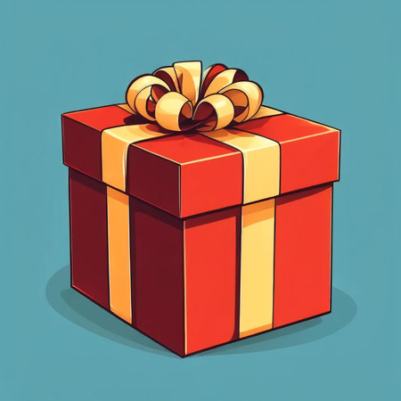 Illustration of a red gift box with a bow on a blue backgroundの素材