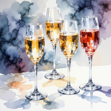 Three glasses of champagne on a white table with watercolor background.の素材