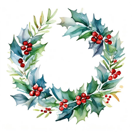 Watercolor Christmas wreath with holly leaves and berries. Hand painted illustration.の素材