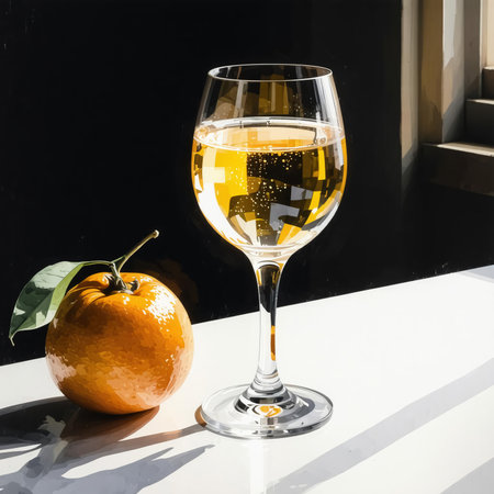 glass of white wine and ripe orange on a black background with sunlightの素材