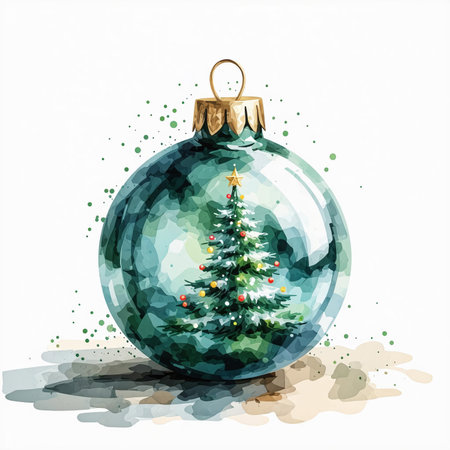 Christmas tree in glass ball on white background. Watercolor illustration.の素材