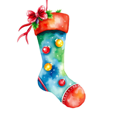 Watercolor Christmas sock with ornament on white background. Vector illustration.の素材