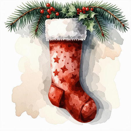 Christmas stocking with fir branches and holly berries on watercolor backgroundの素材