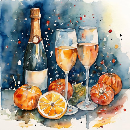 Watercolor illustration of a bottle of champagne, glasses and oranges.の素材