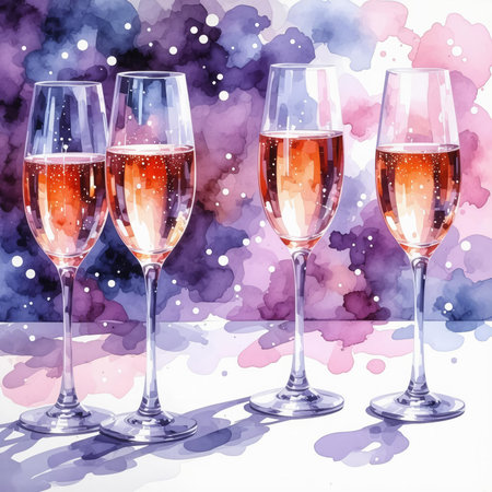 Glasses of champagne with watercolor splashes on white background.の素材