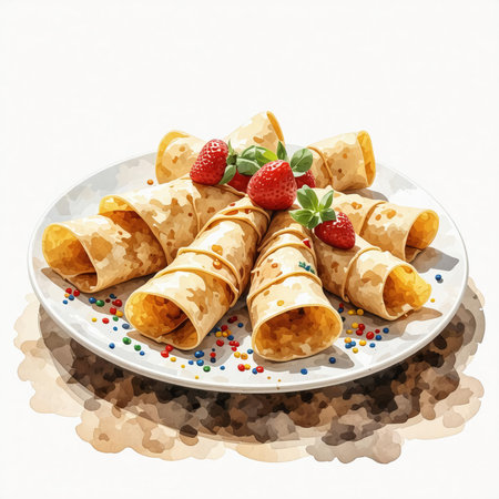 Pancakes with strawberries on a white plate. Vector illustration.の素材