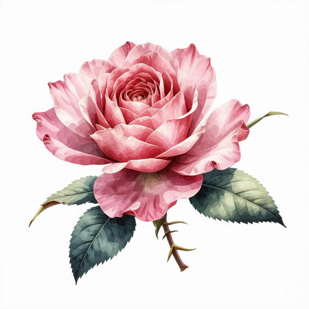 Pink rose with leaves isolated on white background. Watercolor painting.の素材