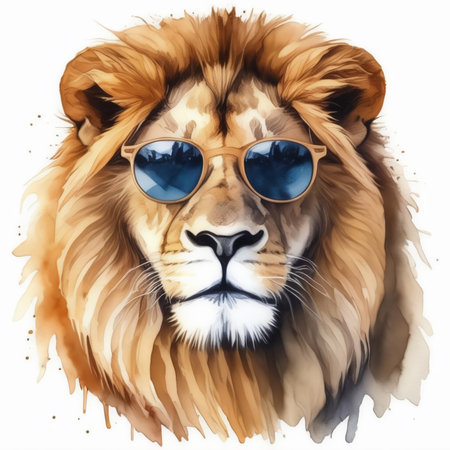 Portrait of a lion in sunglasses. Hand-drawn illustration.の素材