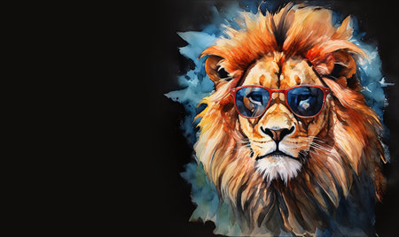 Portrait of a lion in sunglasses on a black background. Watercolor painting.の素材