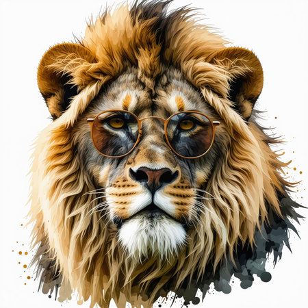 Portrait of a lion with glasses. Watercolor illustration on a white background.の素材