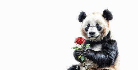 Panda bear holding a red rose isolated on a white background.の素材