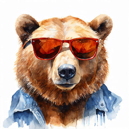 Watercolor portrait of a brown bear in sunglasses on a white backgroundの素材