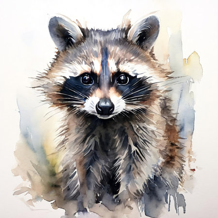Watercolor portrait of a raccoon on a white background. Hand-drawn illustration.の素材