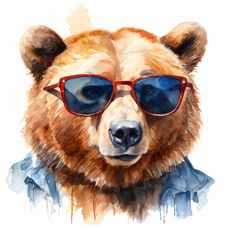 Watercolor portrait of a brown bear in sunglasses on a white backgroundの素材