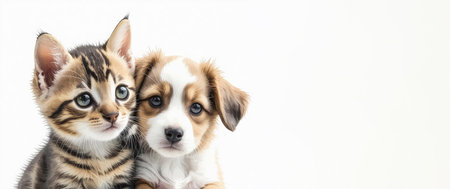 Cute kitten and puppy together isolated on white background. Copy space.の素材