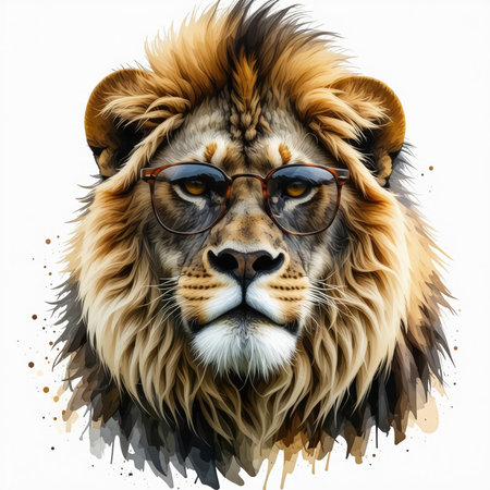 Portrait of a lion with glasses on a white background. Digital painting.の素材