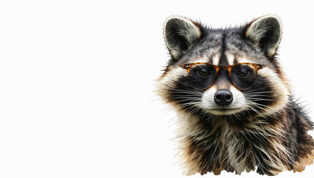 Portrait of a raccoon wearing sunglasses isolated on white background.の素材
