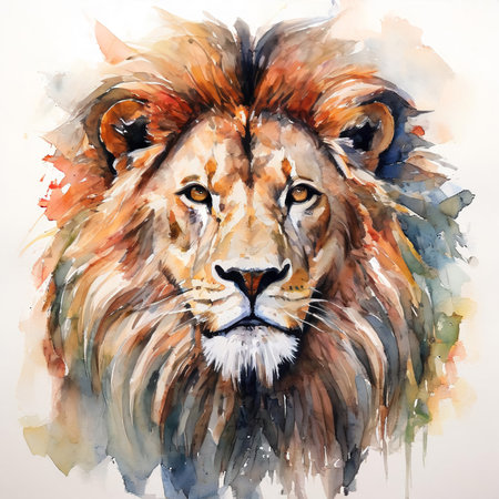Watercolor portrait of a lion. Hand-drawn watercolor illustration.の素材