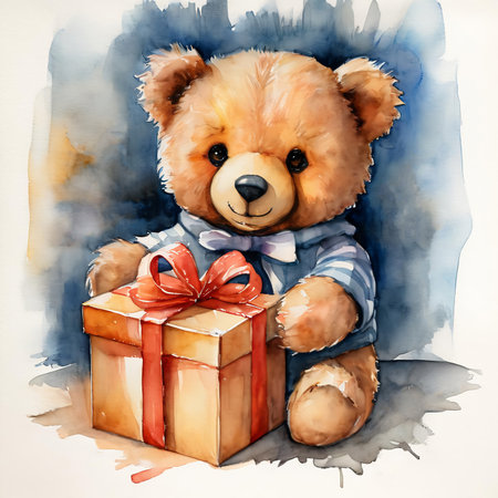 Cute teddy bear with a gift box. Watercolor painting.の素材