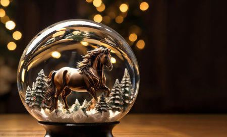 Christmas glass ball with a horse in the shape of a snow globe.の素材