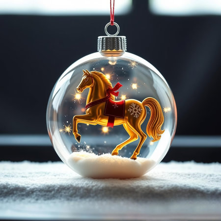 Christmas glass ball with a horse inside, on a blurred background.の素材